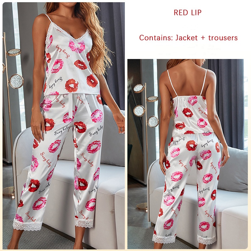 Womens Silk Imitation Satin Pajama Set  Soft Cami Top and Capris Pants Sleepwear